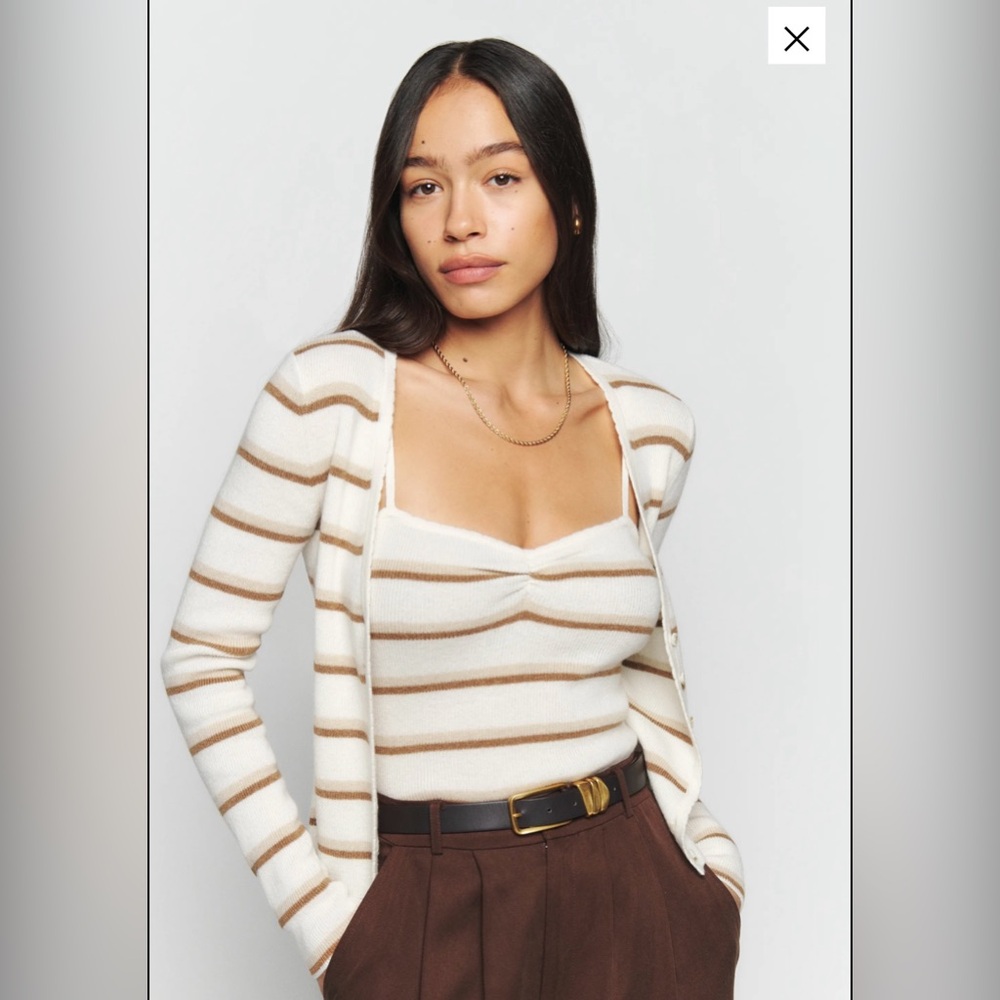 Reformation Cream and Brown Striped Sweater Cardigan Set